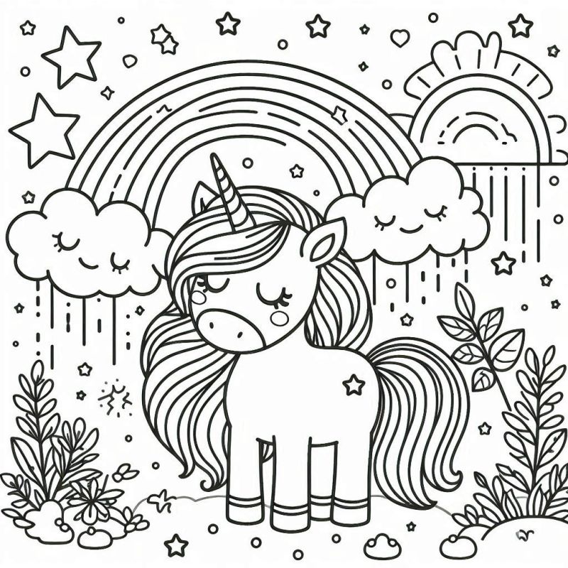 Desenho para colorir de unicórnio encantado com arco-íris e nuvens sorridentes