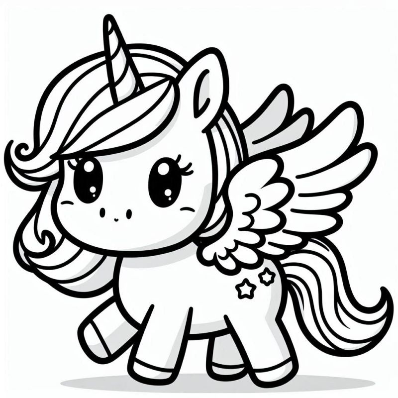 Desenho de unicórnio fofo para colorir, ideal para crianças e adultos.