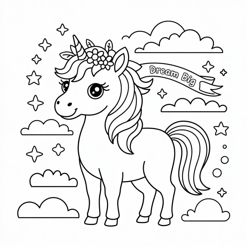 Desenho de um unicórnio amigável com crina ondulada e flores, em um cenário mágico de nuvens e estrelas.