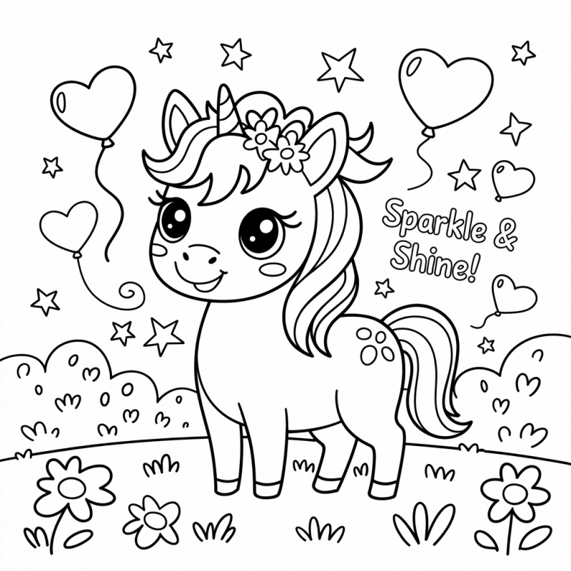 Desenho adorável de unicórnio em cenário mágico para colorir