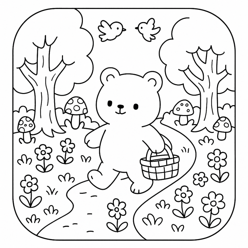 Descubra o Ursinho Fofinho em um Cenário Campestre para Colorir Desenho de um ursinho fofinho caminhando no campo com flores e árvores.