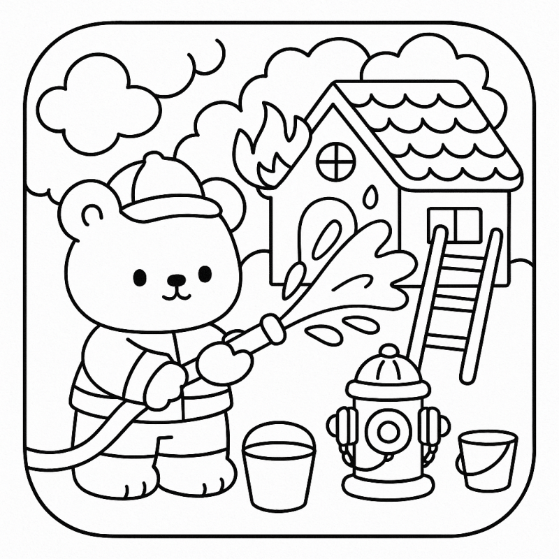 Desenho de um urso bombeiro fofinho apagando fogo para colorir