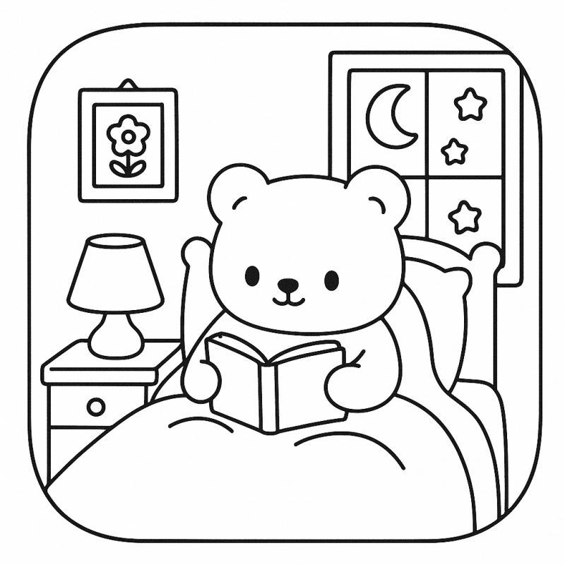 Desenho do Urso Sereno na Cama - Relaxe e Colora Urso boobie goods na cama lendo um livro, cena para colorir
