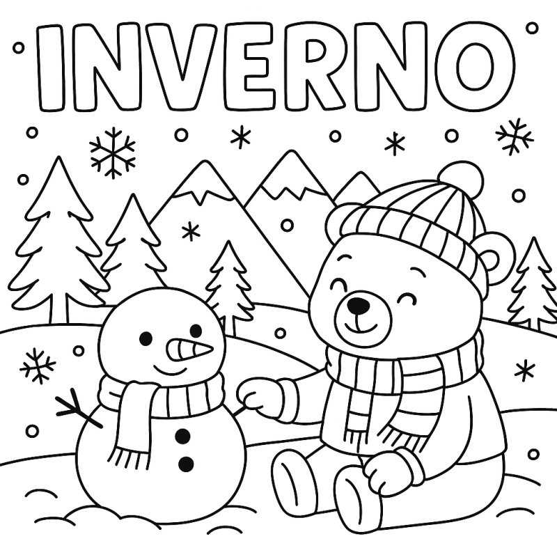Urso e Boneco de Neve Inverno Colorir