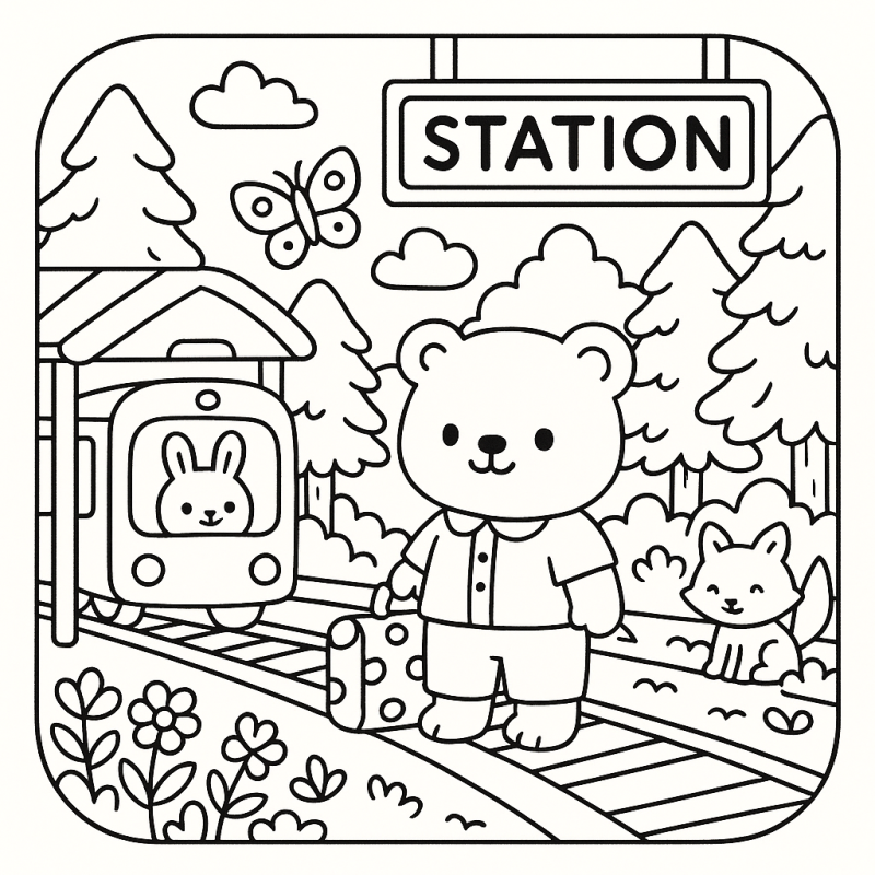 Desenho para colorir com urso, trem, coelho e raposinha