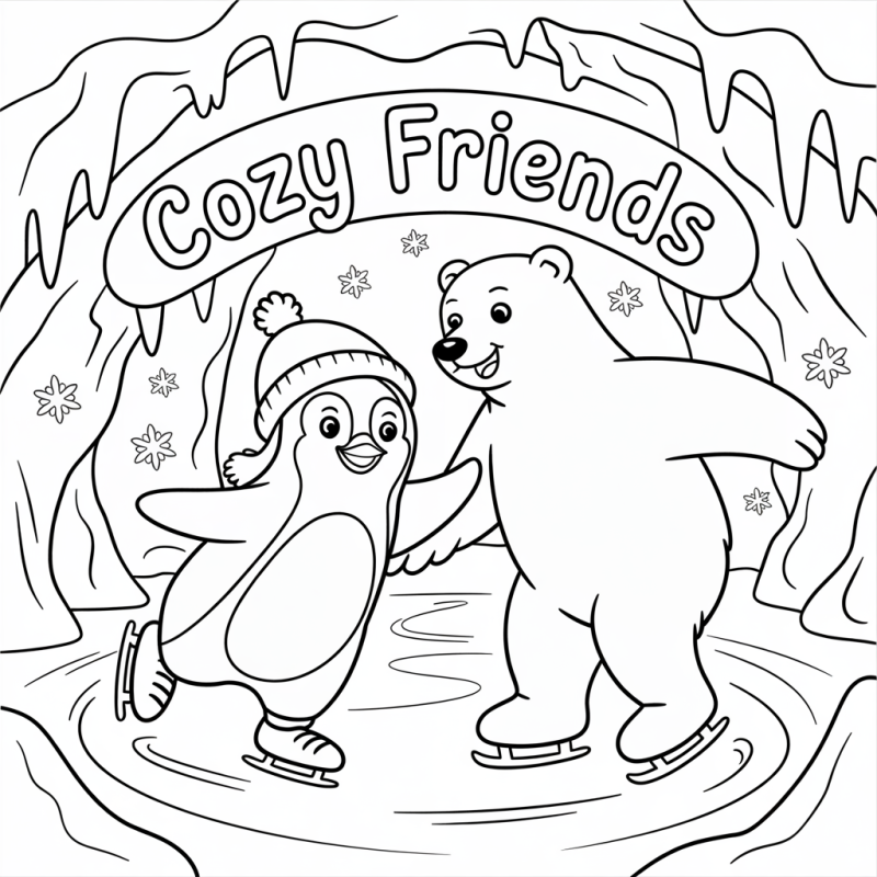 Desenho de urso polar e pinguim patinando no gelo para colorir