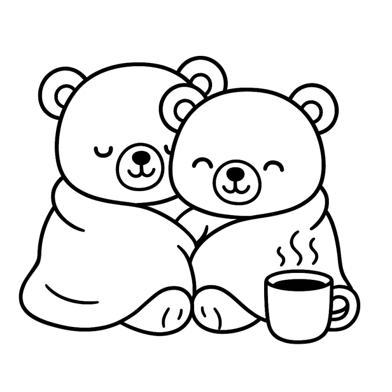 Dois ursos fofos sob um cobertor com caneca quente