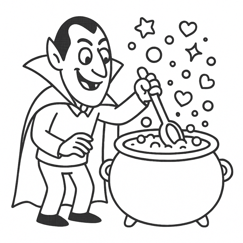 Vampiro Cartunesco: Magia de Halloween para Colorir Vampiro cartunesco de Halloween mexendo em caldeirão mágico para colorir