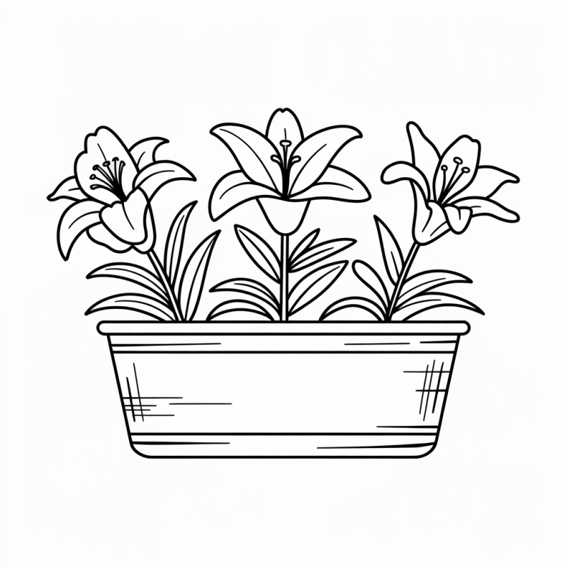 Desenho de vaso retangular com três flores grandes para colorir