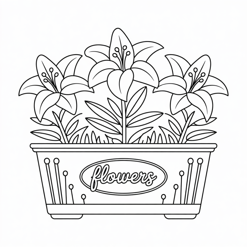 Desenho em preto e branco de um vaso ornamental com flores para colorir