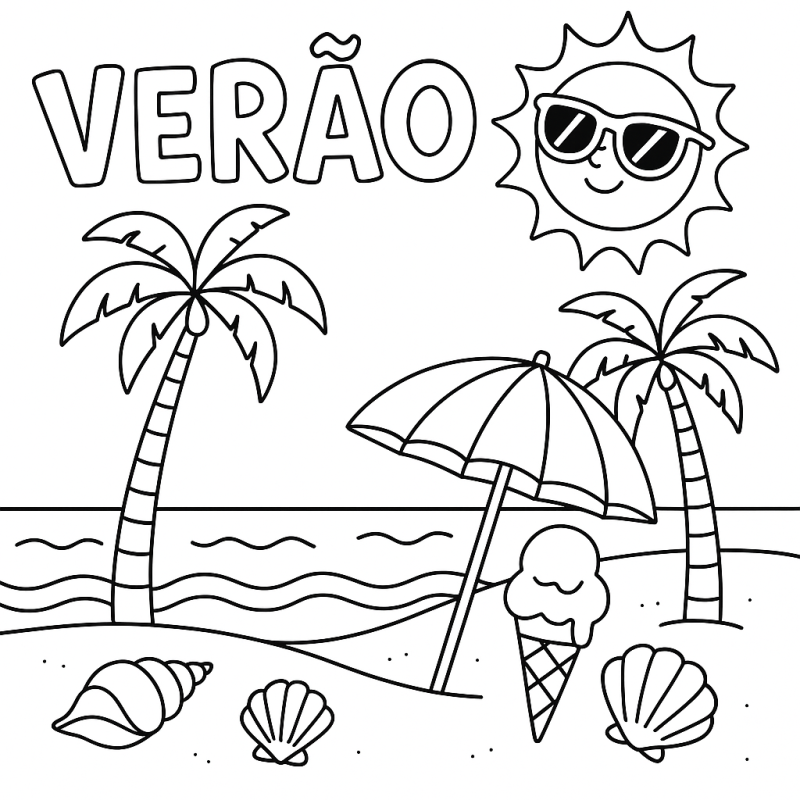 Desenho de Cena de Verão na Praia para Colorir