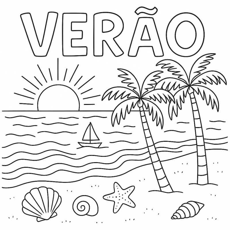 Desenho de Verão: Praia e Conchas para Colorir