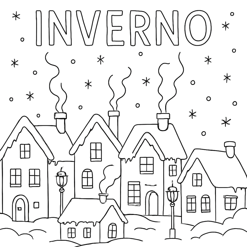Vilarejo Encantado no Inverno: Desenho para Colorir