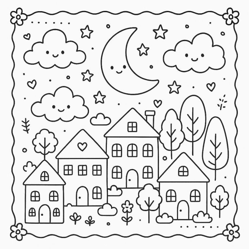 Desenhe um Vilarejo Noturno Mágico Desenho de um vilarejo noturno mágico com casas e lua sorridente