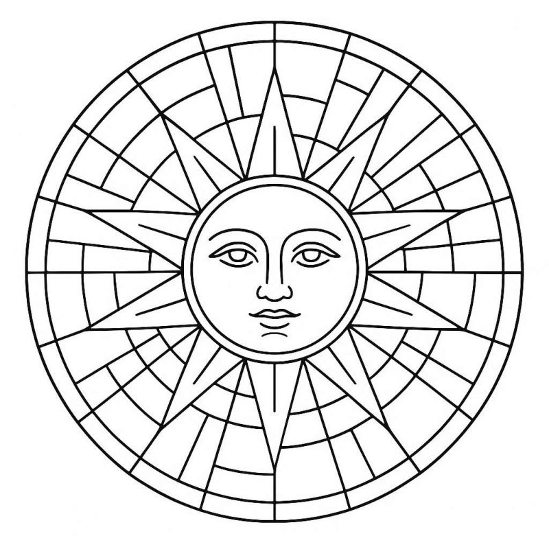 Desenho de sol estilizado com mosaico vitrais para colorir